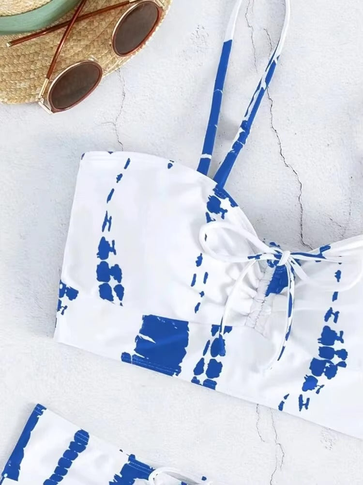 Black and White Tie-dye High-Waist Swimsuit